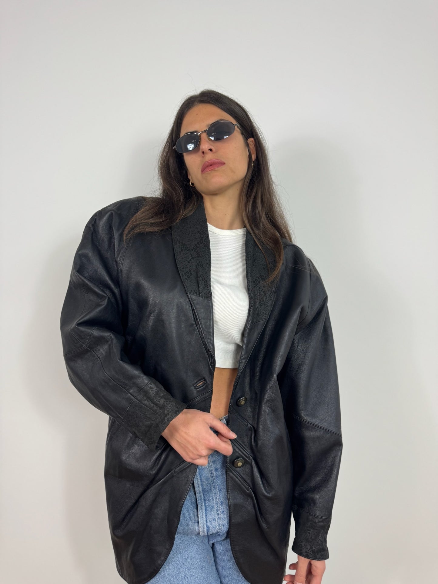 GIACCA IN PELLE CON DETTAGLI IN MACULATO