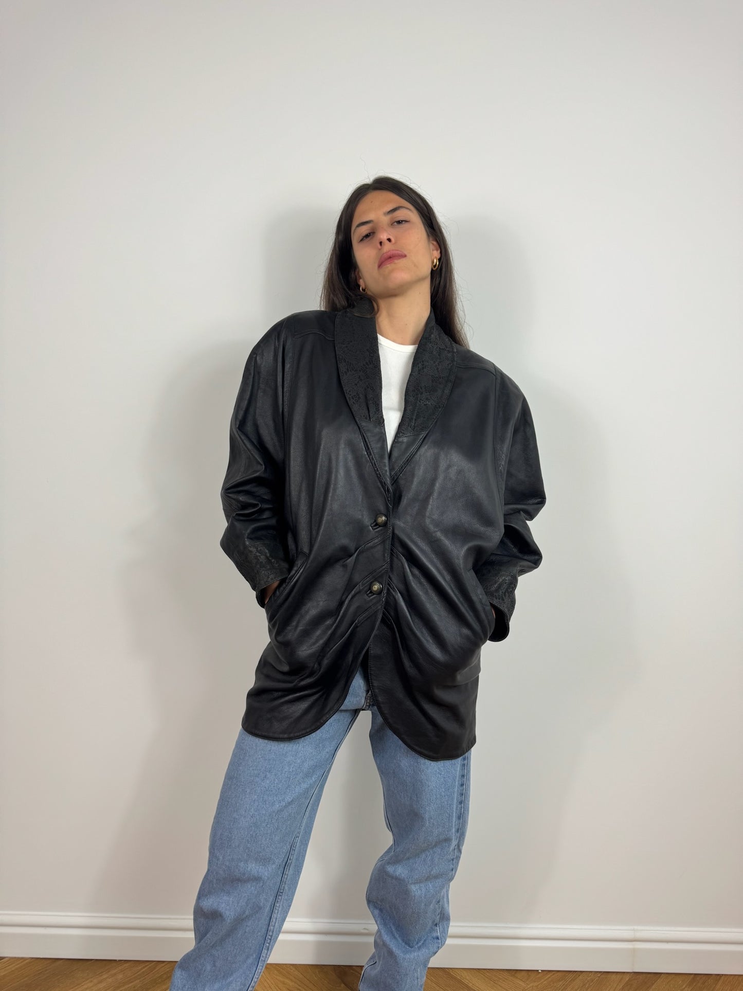 GIACCA IN PELLE CON DETTAGLI IN MACULATO