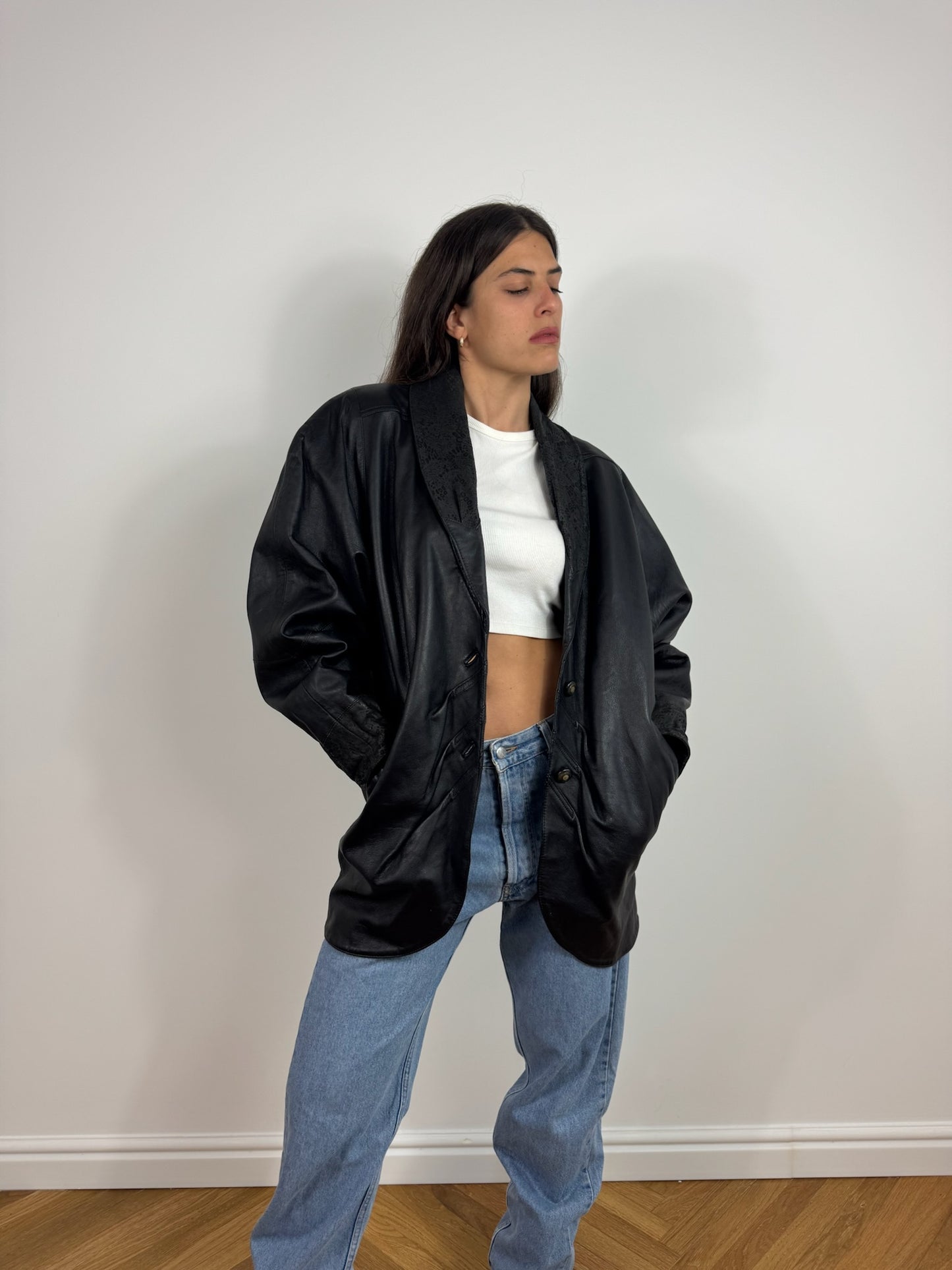 GIACCA IN PELLE CON DETTAGLI IN MACULATO