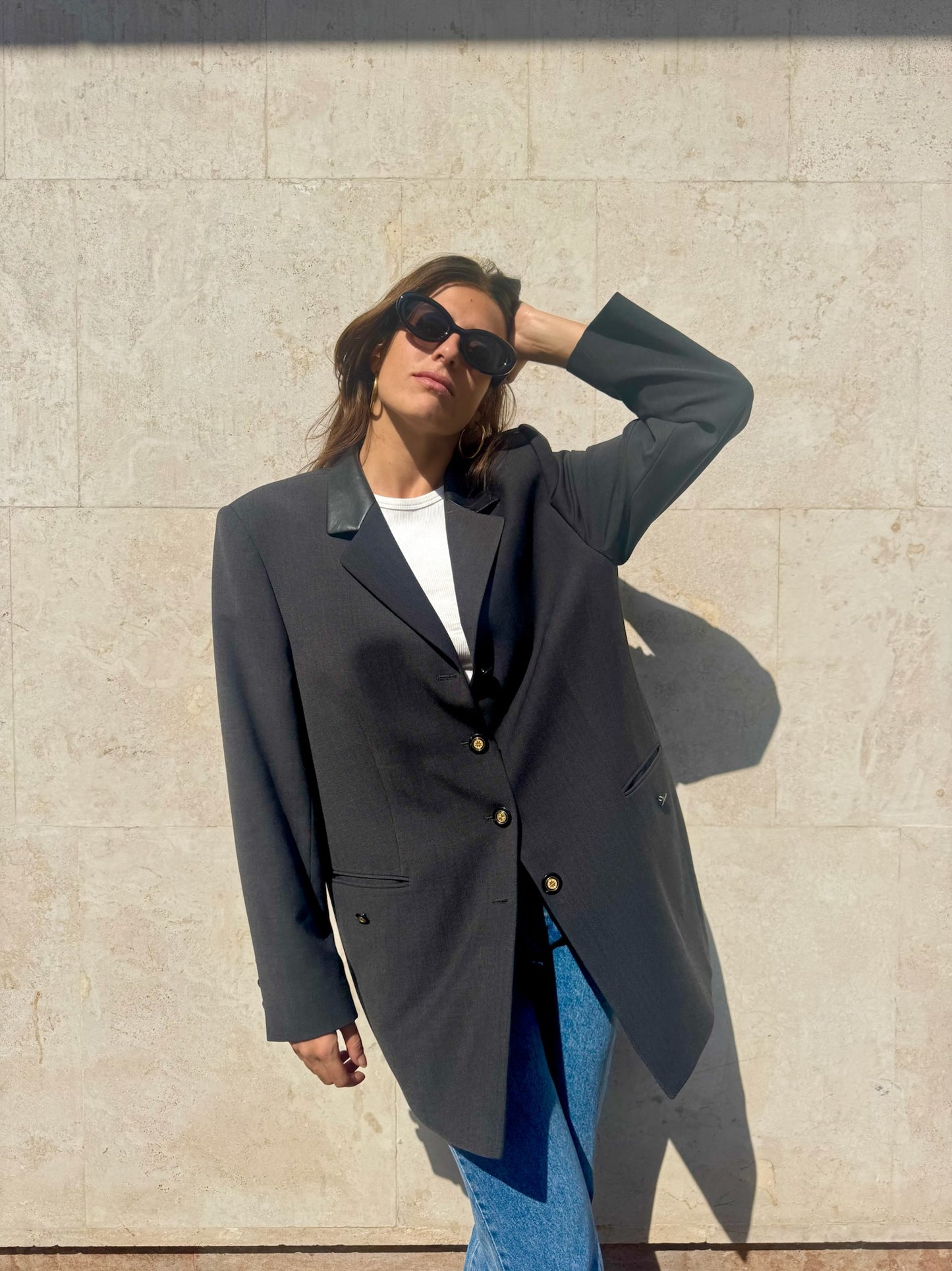 BLAZER GRIGIO CON DETTAGLI IN PELLE