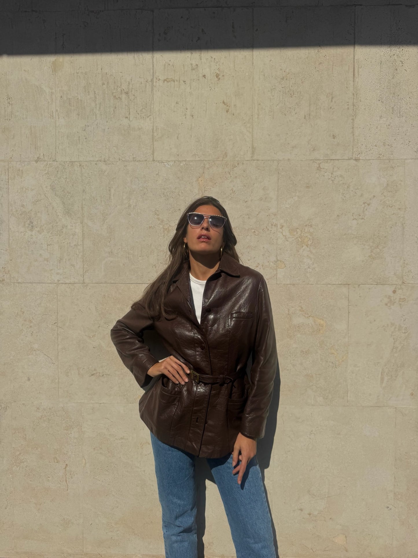 GIACCA MARRONE IN PELLE CON CINTURA