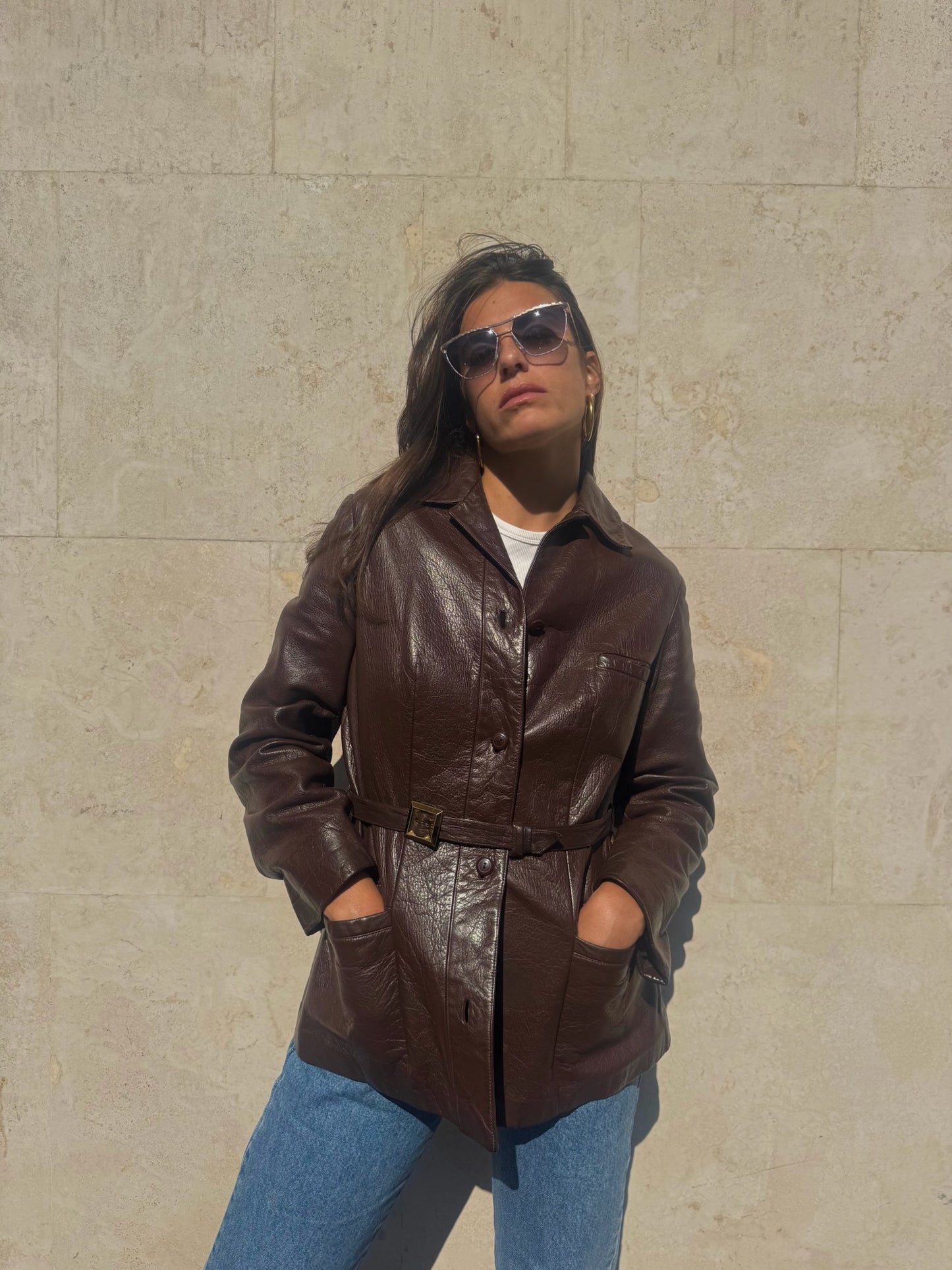 GIACCA MARRONE IN PELLE CON CINTURA