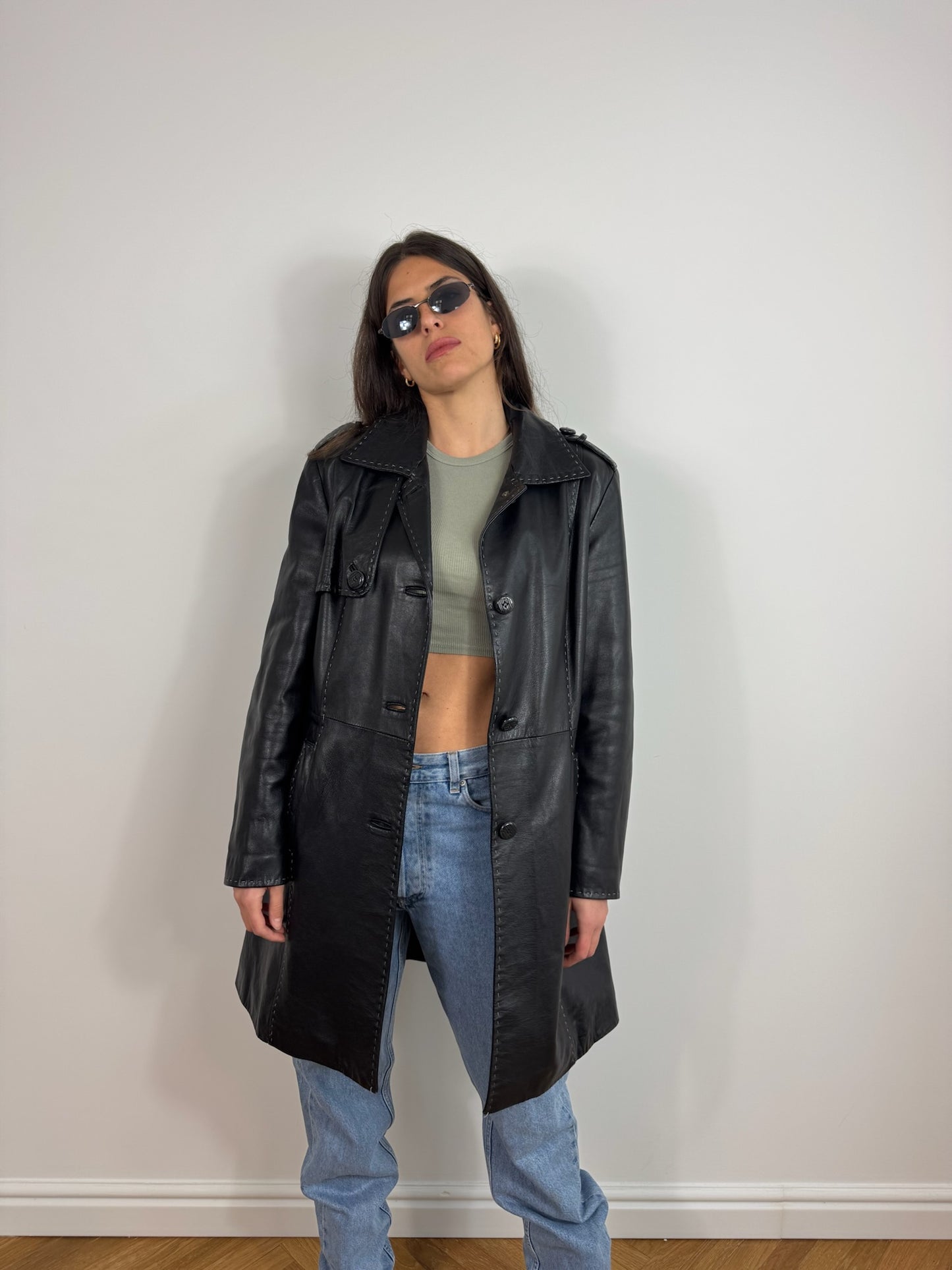 TRENCH IN VERA PELLE NERO