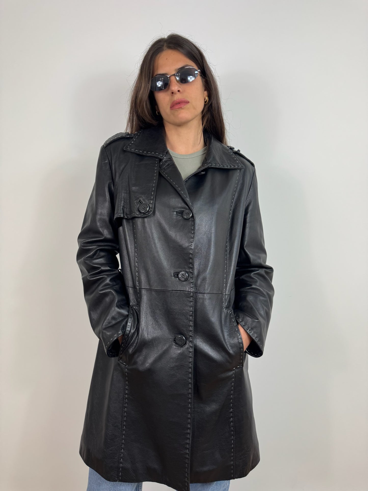 TRENCH IN VERA PELLE NERO