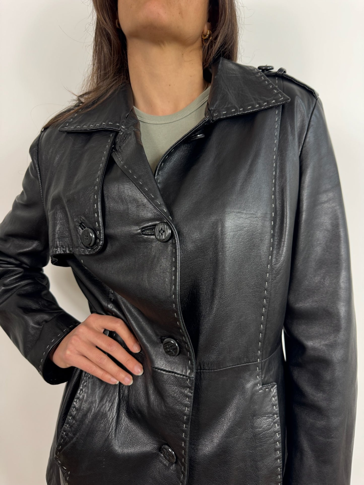 TRENCH IN VERA PELLE NERO