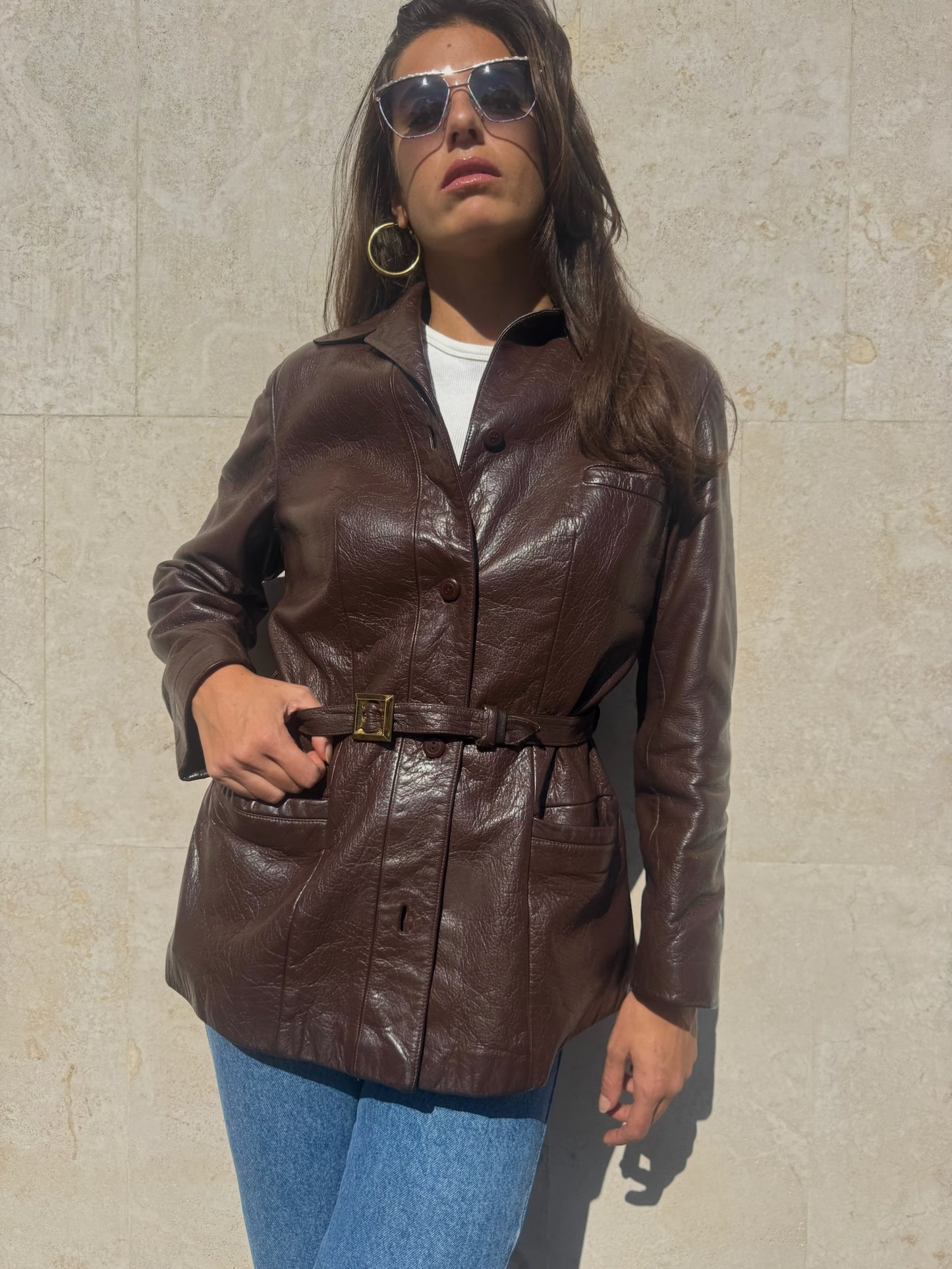 GIACCA MARRONE IN PELLE CON CINTURA