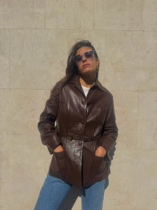GIACCA MARRONE IN PELLE CON CINTURA